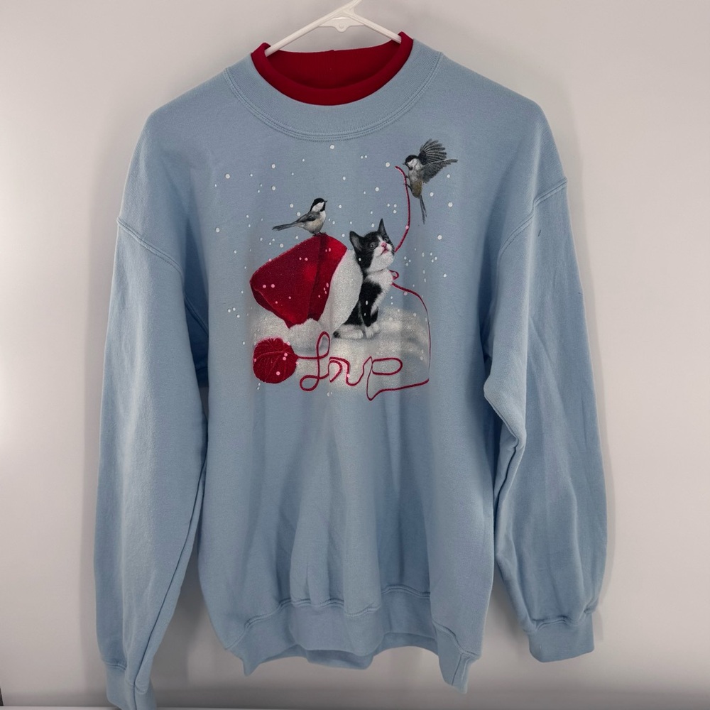 Artisans Vintage Sweatshirt Kitten‎ Cat Blue Holiday Christmas Pullover Size M